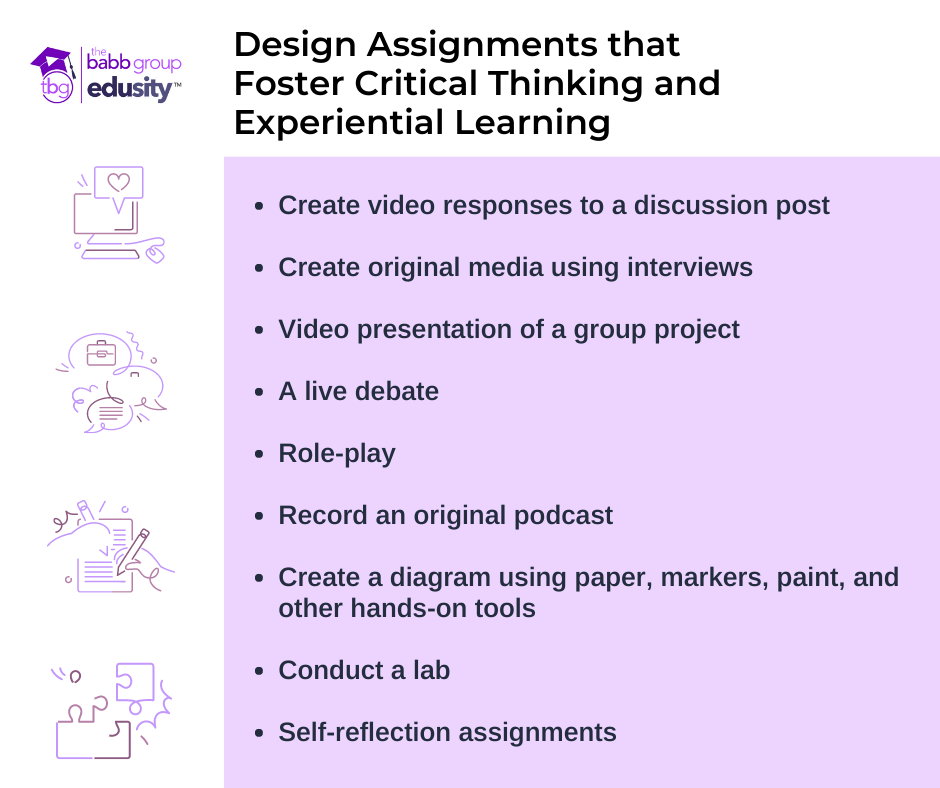 Chart titled: Design Assignments that Foster Critical Thinking and Experiential Learning Text includes a list: Create video responses to a discussion post Create original media using interviews Video presentation of a group project A live debate Role-play Record an original podcast Create a diagram using paper, markers, paint, and other hands-on tools Conduct a lab Self-reflection assignments 