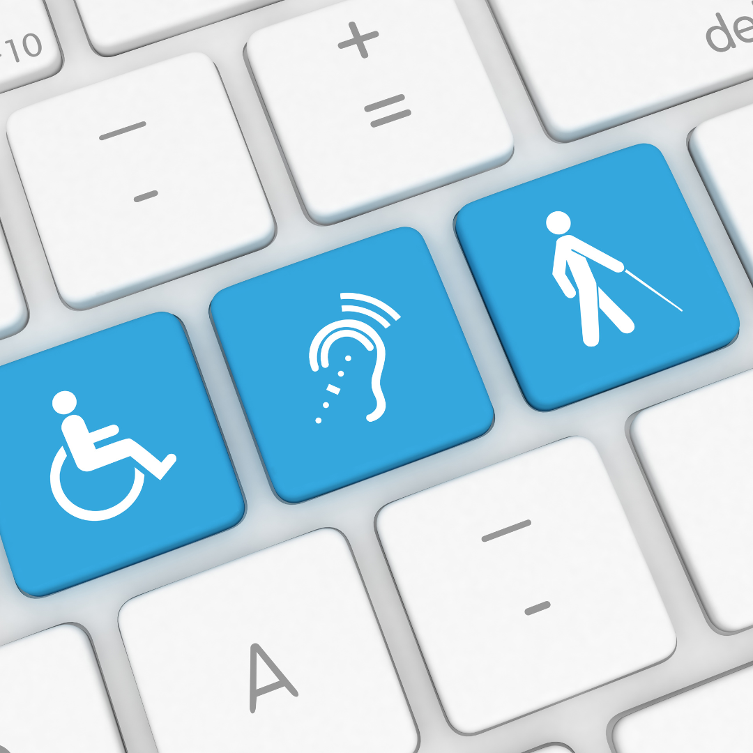 Image of a keyboard with symbols of a wheelchair, an ear, and a person walking with a cane