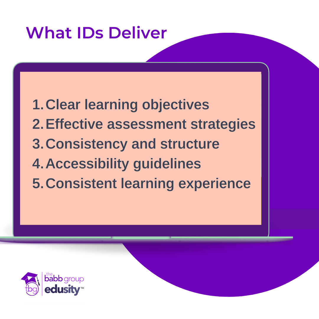 A laptop screen with the 5 things instructional designers deliver including: clear learning objectives, effective assessment strategies, consistency and structure, accessibility guidelines, and consistent learning experience