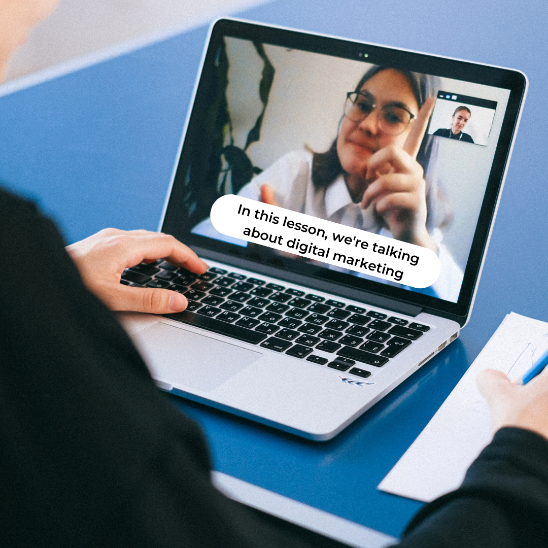 Image of a laptop with a teacher talking and captions of what she is saying. 